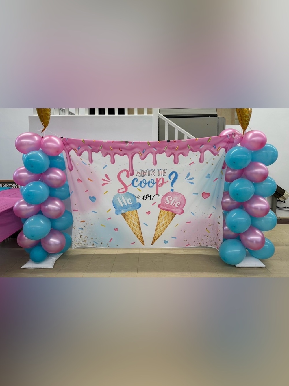 Gender Reveal Backdrop Banner Pink and Blue Ice Cream Design “What’s the Scoop?”